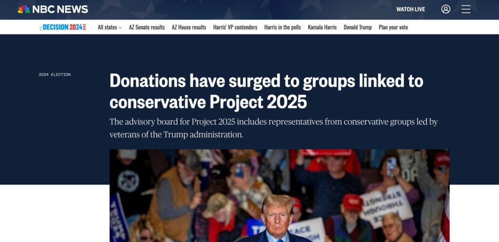 NBC News headline: "Donations have surged to groups linked to conservative Project 2025," with an image of Donald Trump at a rally.